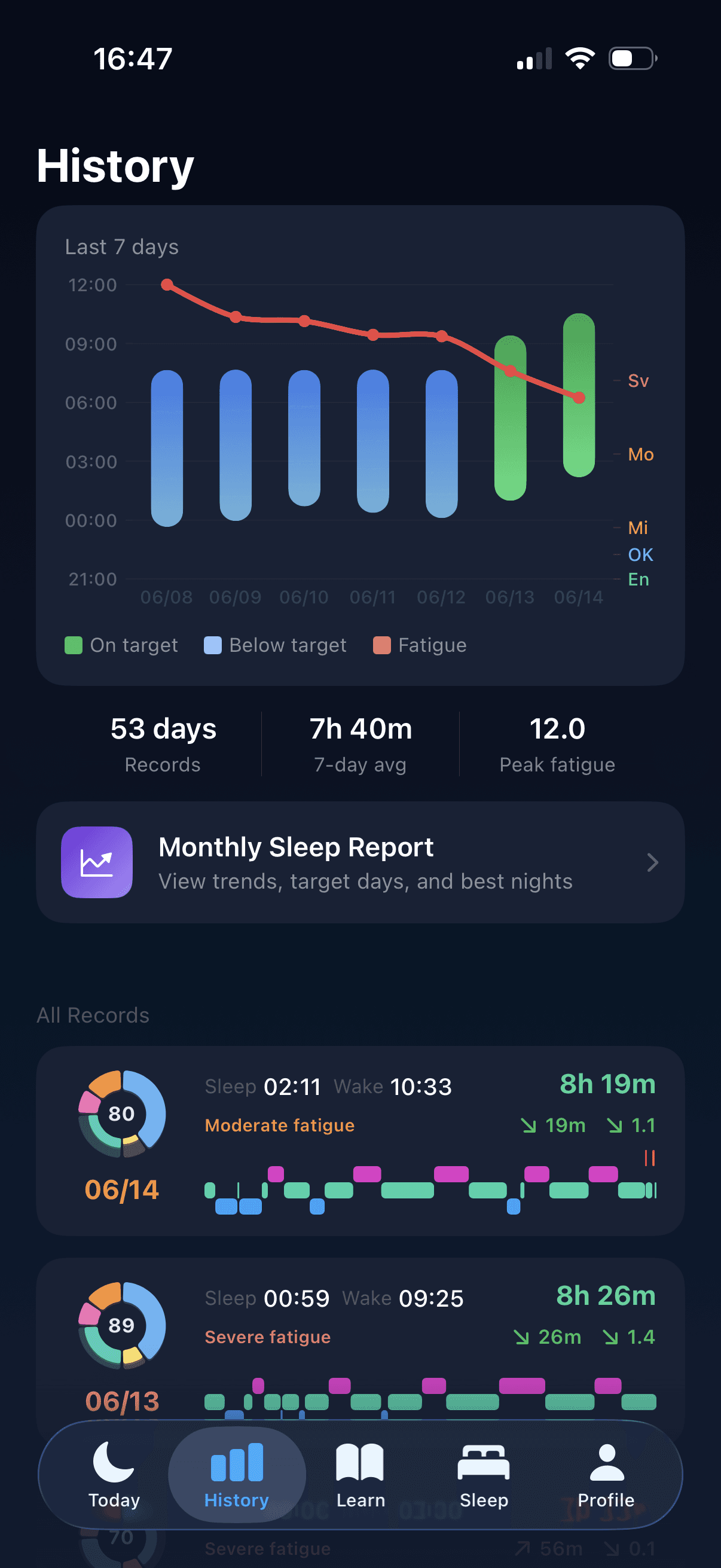 DotSleep sleep and fatigue history screen