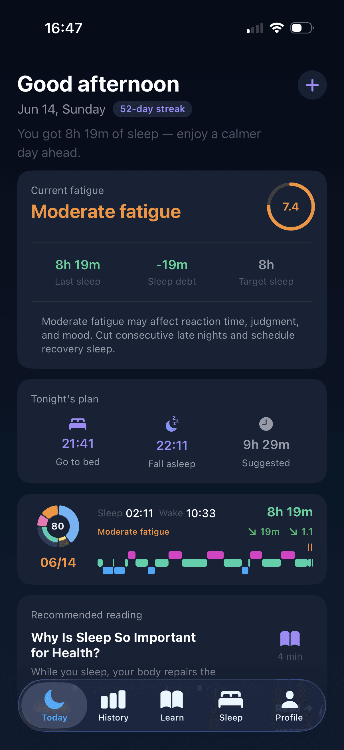 DotSleep home screen showing current fatigue and tonight's plan