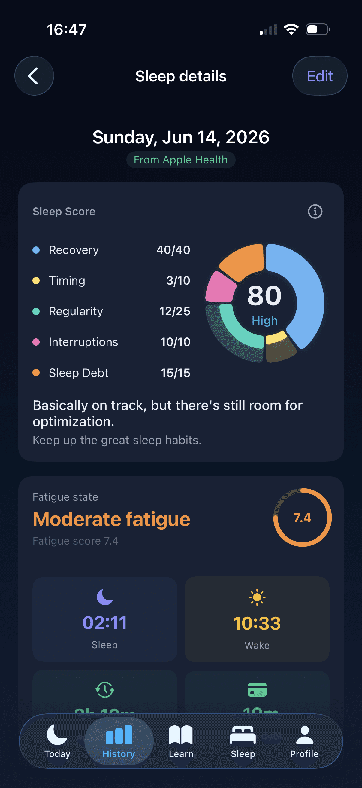 DotSleep sleep score breakdown