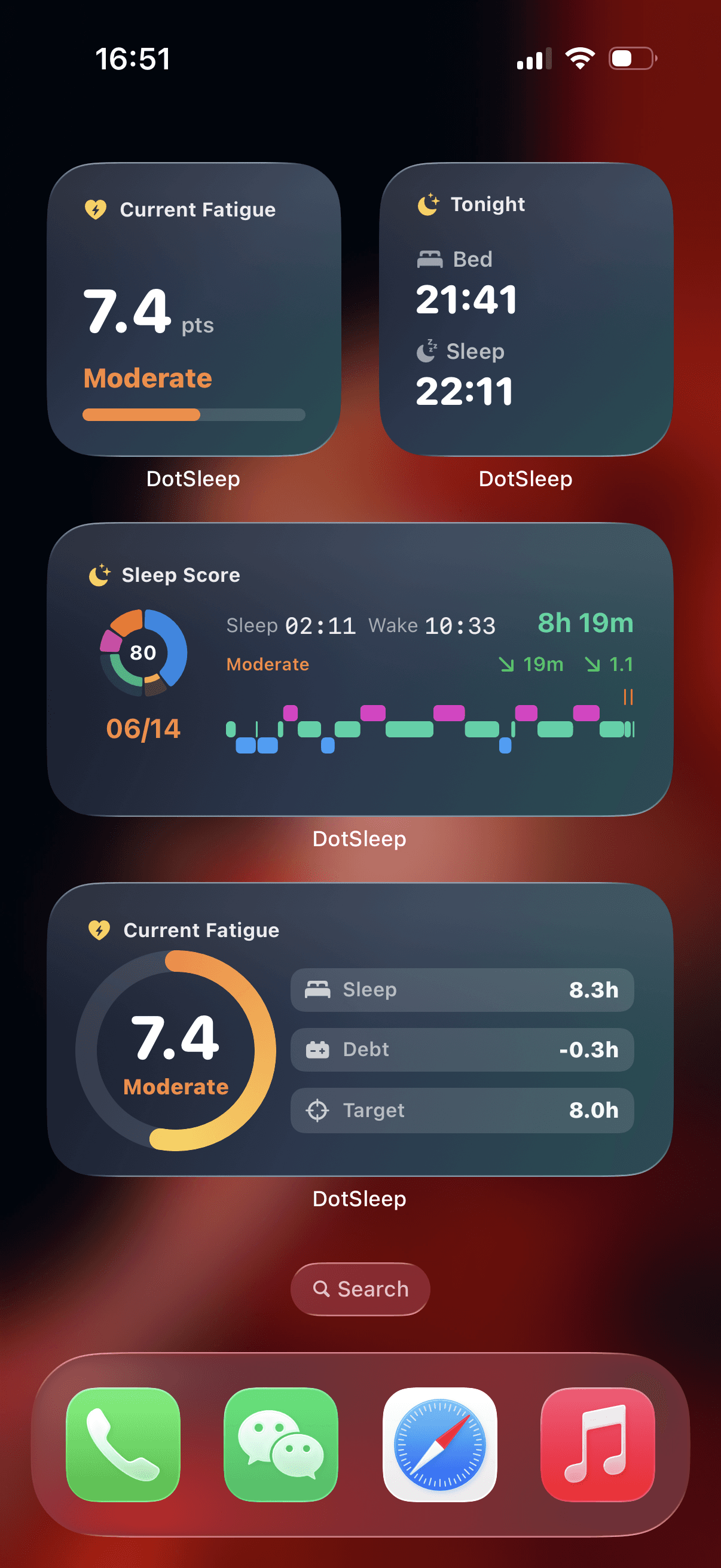 DotSleep fatigue, tonight, and sleep score widgets